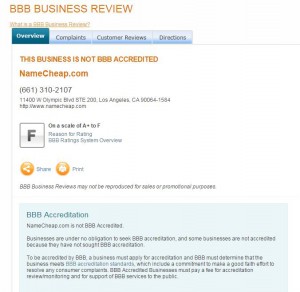 BBB (Better Business Bureau) has terrible rating for NameCheap